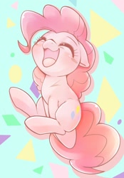 Size: 714x1024 | Tagged: safe, artist:kurogewapony, imported from derpibooru, pinkie pie, earth pony, pony, blushing, cute, diapinkes, eyes closed, floppy ears, happy, jumping, kurogewapony is trying to murder us with diapinkes, open mouth, open smile, ponk, simple background, smiling