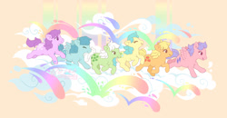 Size: 1300x676 | Tagged: safe, artist:celesse, imported from derpibooru, applejack (g1), blossom, bubbles (g1), firefly, medley, minty (g1), earth pony, pegasus, pony, cloud, cute, daaaaaaaaaaaw, female, g1, mare, rainbow, simple background