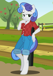 Size: 591x850 | Tagged: safe, artist:flash equestria photography, imported from derpibooru, oc, oc only, oc:silver sweet, anthro, unguligrade anthro, unicorn, crotch bulge, fence, freckles, looking at you, male, show accurate anthro, solo