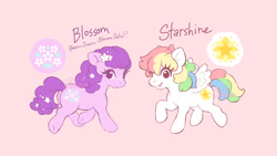 Size: 1200x675 | Tagged: safe, artist:celesse, imported from derpibooru, blossom, starshine, earth pony, pegasus, pony, female, g1, redesign, simple background, starshine (g1)