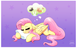 Size: 3490x2150 | Tagged: safe, artist:confetticakez, imported from derpibooru, fluttershy, pegasus, pony, rabbit, animal, blushing, cute, dream, ear fluff, eyes closed, female, gradient background, high res, lavender background, lying down, mare, newbie artist training grounds, pillow, prone, shyabetes, simple background, sleeping, smiling, solo, starry background, stars, sweet dreams fuel, wing fluff