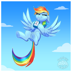 Size: 4000x4000 | Tagged: safe, artist:confetticakez, imported from derpibooru, rainbow dash, pegasus, pony, absurd resolution, blushing, cloud, cloudy, cute, dashabetes, eyes closed, female, floppy ears, flying, frog (hoof), gotta go fast, juice, juice box, mare, sipping, sky, smiling, solo, spread wings, underhoof, watermark, wings