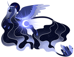 Size: 1280x989 | Tagged: safe, artist:s0ftserve, imported from derpibooru, princess luna, alicorn, pony, alternate design, alternate hairstyle, ethereal mane, ethereal tail, ethereal wings, headcanon in the description, simple background, solo, story in the source, transparent background, wings