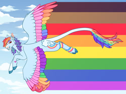 Size: 1280x960 | Tagged: safe, artist:s0ftserve, imported from derpibooru, rainbow dash, pegasus, pony, alternate design, butt, cloud, colored wings, female, lgbtq, mare, multicolored wings, plot, pride flag, pride month, sky, smiling, solo, spread wings, wings