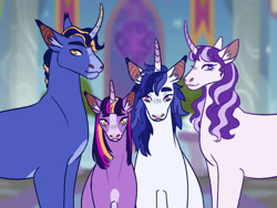 Size: 1280x960 | Tagged: safe, artist:s0ftserve, imported from derpibooru, night light, shining armor, twilight sparkle, twilight velvet, unicorn, alternate design, alternate universe, divorce, family photo, fangs, headcanon in the description, sparkle family, story included, transgender, transphobia