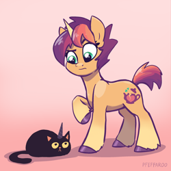 Size: 2048x2048 | Tagged: safe, artist:pfeffaroo, imported from derpibooru, oc, oc only, oc:kettle chip, cat, pony, unicorn, female, g5, gradient background, high res, horn, mare, raised eyebrow, raised hoof, unicorn oc