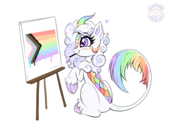 Size: 5319x4000 | Tagged: safe, artist:confetticakez, imported from derpibooru, oc, oc only, oc:cloudy canvas, kirin, easel, kirin oc, mouth hold, paintbrush, pride, pride flag, rainbow colors, simple background, solo, underhoof, white background