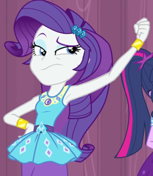 Size: 630x726 | Tagged: safe, imported from derpibooru, screencap, rarity, sci-twi, twilight sparkle, equestria girls, equestria girls series, stressed in show, :s, armpits, arms in the air, belt, blue eyes, blue eyeshadow, clothes, cropped, cutie mark on clothes, eyeshadow, female, frilly design, geode of shielding, gold, hairpin, hands in the air, jewelry, light skin, magical geodes, makeup, pencil skirt, pendant, purple hair, rarity peplum dress, skirt, sleeveless, sleeveless tank top, wavy mouth