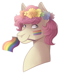 Size: 2400x2800 | Tagged: safe, artist:kikirdcz, imported from derpibooru, oc, oc only, oc:parker, earth pony, pony, bust, face paint, female, floral head wreath, flower, gay pride flag, high res, male, mare, mouth hold, portrait, pride, pride flag, simple background, smiling, solo, stallion, transparent background