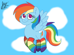 Size: 1600x1200 | Tagged: safe, artist:jay_wackal, imported from derpibooru, rainbow dash, pegasus, pony, backwards cutie mark, clothes, cloud, flying, rainbow socks, socks, solo, striped socks