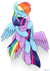 Size: 2480x3507 | Tagged: safe, artist:twidasher, imported from derpibooru, rainbow dash, twilight sparkle, alicorn, pegasus, pony, cuddling, duo, eyes closed, female, flying, high res, hug, lesbian, mare, shipping, signature, simple background, spread wings, twidash, twilight sparkle (alicorn), white background, wings