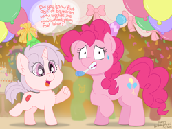 Size: 4032x3024 | Tagged: safe, artist:wispy tuft, imported from derpibooru, fizzlepop berrytwist, lyra heartstrings, minuette, pinkie pie, tempest shadow, oc, oc:red pill, earth pony, pony, unicorn, balloon, birthday, cake, cute, dialogue, female, filly, foal, food, hat, nervous, party, party hat, party hats, party horn, red pill, smiling, sweat, sweatdrop, text