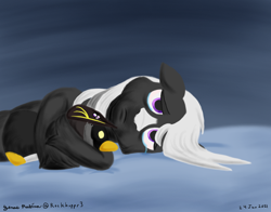 Size: 1400x1100 | Tagged: safe, artist:rockhoppr3, imported from derpibooru, oc, oc only, oc:ace hearts, bird, earth pony, penguin, pony, crying, frown, pillow pet, plushie, sad, solo, unshorn fetlocks