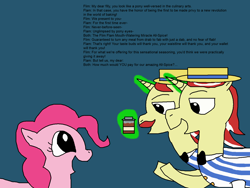 Size: 1500x1125 | Tagged: safe, artist:blazewing, imported from derpibooru, flam, flim, pinkie pie, snails, unicorn, atg 2021, bowtie, clothes, drawpile, facial hair, female, flim flam brothers, happy, hat, levitation, magic, male, mare, moustache, newbie artist training grounds, open mouth, rule 63, scam, shirt, smiling, spice, stallion, talking, telekinesis, text