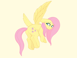 Size: 2224x1668 | Tagged: safe, artist:enzodoesart, imported from derpibooru, fluttershy, pegasus, pony, blushing, female, floppy ears, flying, looking down, low angle, mare, simple background, solo, spread wings, wavy mouth, wings, yellow background, yellow fur