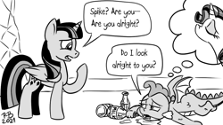 Size: 1200x675 | Tagged: safe, artist:pony-berserker, imported from derpibooru, rarity, spike, twilight sparkle, alicorn, dragon, pony, unicorn, binge, drinking, halftone, milk, monochrome, pony-berserker's twitter sketches, sad, stippling, thinking, twilight sparkle (alicorn)