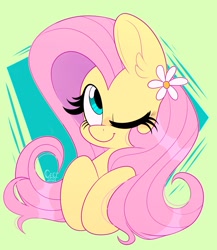 Size: 1775x2048 | Tagged: safe, artist:wutanimations, imported from derpibooru, imported from ponybooru, fluttershy, pegasus, pony, abstract background, bust, cute, ear fluff, eyes closed, female, flower, flower in hair, mare, one eye closed, shyabetes, solo, wink