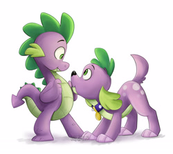 Size: 3384x3024 | Tagged: safe, artist:luximus17, imported from derpibooru, spike, spike the regular dog, dog, dragon, equestria girls, :t, cute, doggy dragondox, duality, high res, looking at each other, male, profile, simple background, spikabetes, spike the dog, white background