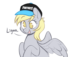 Size: 747x602 | Tagged: safe, artist:higgly-chan, imported from derpibooru, derpy hooves, pegasus, pony, baseball cap, cap, cute, derpabetes, female, fortnite, hat, ligma, mare, meme, open mouth, simple background, solo, white background, wings