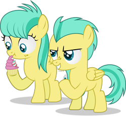 Size: 3972x3677 | Tagged: safe, artist:thatusualguy06, imported from derpibooru, barley barrel, pickle barrel, pegasus, pony, rainbow roadtrip, atg 2021, barrel twins, brother and sister, colt, cupcake, duo, evil grin, female, filly, foal, food, grin, gritted teeth, high res, male, newbie artist training grounds, prank, scrunchy face, show accurate, siblings, simple background, smiling, solo, toothpaste, transparent background, twins, vector