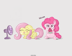 Size: 2653x2048 | Tagged: safe, alternate version, artist:ledwine glass, imported from derpibooru, fluttershy, pinkie pie, earth pony, pegasus, pony, belly, belly button, big ears, big eyes, blushing, chibi, chubby, chubby cheeks, cute, diapinkes, eyes closed, fan, food, happy, herbivore, high res, nom, open mouth, open smile, shyabetes, simple background, smiling, tiny, tiny ponies, watermark, watermelon, wings