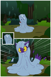 Size: 2928x4368 | Tagged: safe, artist:badumsquish, derpibooru exclusive, imported from derpibooru, oc, oc only, oc:tremble, cat, cat pony, goo, goo pony, hybrid, monster pony, original species, cat ears, comic, eating, forest, growth, hoof hold, licking, licking lips, nom, plort, show accurate, slime rancher, solo, species swap, speed lines, surprised, tongue out, transformation, two toned coat, two-tone coat, yellow eyes