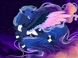 Size: 1200x900 | Tagged: safe, artist:malinraf1615, imported from derpibooru, princess luna, pony, alternate design, colored wings, multicolored wings, night, solo, wings