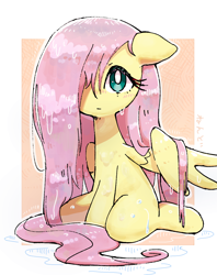 Size: 1190x1500 | Tagged: safe, artist:fuyugi, artist:nendo, imported from derpibooru, fluttershy, pegasus, pony, blushing, cute, daaaaaaaaaaaw, female, floppy ears, hair over one eye, looking at you, mare, shyabetes, sitting, solo, water, wet, wet mane, white pupils