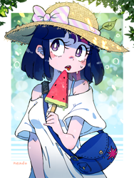 Size: 2400x3200 | Tagged: safe, artist:fuyugi, artist:nendo, imported from derpibooru, twilight sparkle, human, bag, blushing, bow, breasts, cute, cutie mark accessory, food, hat, high res, humanized, ice cream, leaves, melting, open mouth, reasonably sized breasts, short hair, solo, sweat, sweatdrops, tongue out, twiabetes, watermelon, white pupils