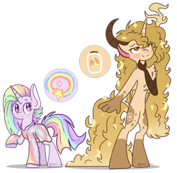 Size: 6641x6484 | Tagged: dead source, safe, artist:cherritoppu, artist:maiii-san, imported from derpibooru, oc, oc only, anthro, hybrid, pony, unguligrade anthro, unicorn, absurd resolution, anthro with ponies, clothes, duo, eyelashes, female, horn, interspecies offspring, magical lesbian spawn, mare, multicolored hair, offspring, parent:discord, parent:princess luna, parent:rainbow dash, parent:twilight sparkle, parents:lunacord, parents:twidash, rainbow hair, simple background, smiling, thinking, transparent background, unicorn oc