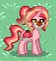 Size: 112x122 | Tagged: dead source, safe, artist:cherritoppu, artist:maiii-san, imported from derpibooru, oc, oc only, oc:chichi, pony, unicorn, :p, bag, face mask, horn, mask, pixel art, ponylife, saddle bag, solo, tongue out, unicorn oc