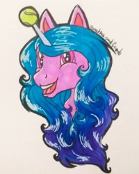 Size: 1080x1350 | Tagged: safe, artist:sweetpea-and-friends, imported from derpibooru, izzy moonbow, pony, unicorn, ball, bust, female, g5, horn, horn guard, horn impalement, hornball, izzy's tennis ball, mare, open mouth, signature, solo, tennis ball, traditional art