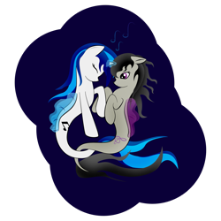 Size: 2449x2449 | Tagged: safe, artist:zomgitsalaura, imported from derpibooru, dj pon-3, octavia melody, vinyl scratch, earth pony, pony, seapony (g4), unicorn, blue background, dorsal fin, eyes closed, female, fish tail, flowing mane, flowing tail, glowing horn, high res, horn, looking at each other, purple eyes, seaponified, seapony octavia, seapony vinyl scratch, simple background, smiling, species swap, tail, transparent background