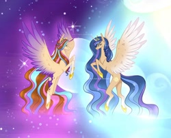 Size: 1080x871 | Tagged: safe, alternate version, artist:sia.brony, imported from derpibooru, oc, oc only, oc:sia, alicorn, pony, alicorn oc, braid, duo, female, flying, hoof shoes, horn, mare, smiling, stars, two toned wings, wings