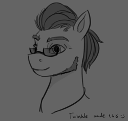 Size: 877x836 | Tagged: safe, artist:twinklesunnysun, imported from derpibooru, earth pony, pony, argyle starshine, bust, dialogue, g5, glasses, jewelry, male, monochrome, necklace, solo, stallion, sunny starscout's father