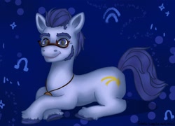 Size: 3000x2160 | Tagged: safe, artist:twinklesunnysun, imported from derpibooru, earth pony, pony, abstract background, argyle starshine, g5, glasses, high res, jewelry, looking at you, male, necklace, smiling, solo, stallion, sunny starscout's father, unshorn fetlocks