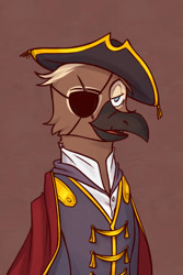 Size: 500x750 | Tagged: safe, artist:bunnyshrubby, imported from derpibooru, oc, oc only, oc:dennis discret, griffon, equestria at war mod, clothes, eyepatch, griffon oc, hat, pirate hat, royalty, scar