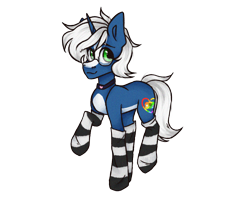 Size: 2500x2000 | Tagged: safe, artist:canada_cho_nado, imported from derpibooru, oc, oc only, oc:passi deeper, pony, unicorn, choker, clothes, coat markings, eyebrows, femboy, glasses, green eyes, high res, horn, looking at you, male, raised leg, simple background, smiling, smiling at you, socks, solo, stallion, stockings, striped socks, thigh highs, transparent background, unicorn oc