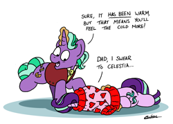 Size: 2344x1676 | Tagged: safe, artist:bobthedalek, imported from derpibooru, firelight, starlight glimmer, pony, unicorn, atg 2021, clothes, father and child, father and daughter, fathers gonna father, female, magic, male, newbie artist training grounds, sweater, telekinesis, this will end in tears