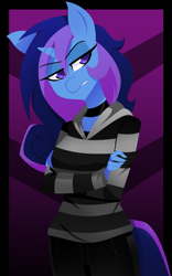 Size: 1277x2047 | Tagged: source needed, safe, artist:xan-gelx, imported from derpibooru, oc, oc only, oc:aurora shine (loe), anthro, unicorn, clothes, female, horn, solo, unamused