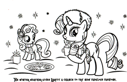 Size: 1688x1088 | Tagged: safe, imported from derpibooru, part of a set, rarity, sweetie belle, pony, unicorn, chocolate, clothes, coloring book, cookie, earmuffs, female, filly, food, hat, hearth's warming eve coloring book, hot chocolate, indexed png, mare, monochrome, official, scan, scarf, simple background, snow, stock vector, white background