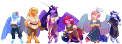 Size: 5500x2000 | Tagged: safe, artist:uunicornicc, imported from derpibooru, applejack, fluttershy, pinkie pie, rainbow dash, rarity, twilight sparkle, alicorn, anthro, draconequus, earth pony, pegasus, unguligrade anthro, unicorn, fanfic:my little pony: the unexpected future, amputee, antlers, clothes, draconequified, female, flutterequus, mane six, missing eye, missing hand, prosthetics, scar, simple background, size difference, species swap, twilight sparkle (alicorn), white background