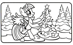 Size: 1780x1086 | Tagged: safe, imported from derpibooru, part of a set, twilight sparkle, alicorn, pony, christmas, christmas tree, coloring book, female, hearth's warming eve coloring book, holiday, indexed png, mare, monochrome, official, scan, simple background, stock vector, tree, twilight sparkle (alicorn), white background