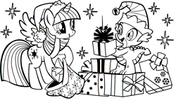 Size: 1732x991 | Tagged: safe, imported from derpibooru, part of a set, spike, twilight sparkle, alicorn, dragon, pony, bell, coloring book, elf hat, hat, hearth's warming eve coloring book, indexed png, monochrome, official, present, scan, simple background, stars, stock vector, twilight sparkle (alicorn), white background