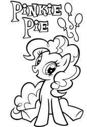 Size: 1166x1702 | Tagged: safe, imported from derpibooru, part of a set, pinkie pie, earth pony, pony, balloon, coloring book, cute, cutie mark, hearth's warming eve coloring book, indexed png, monochrome, official, scan, simple background, sitting, solo, stock vector, white background