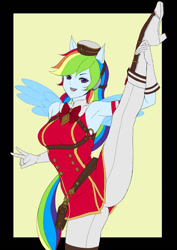 Size: 800x1132 | Tagged: safe, alternate version, artist:ecchiningyon, artist:naan-ana, imported from derpibooru, rainbow dash, equestria girls, abstract background, armpits, bowtie, breasts, busty rainbow dash, clothes, cosplay, costume, female, gold ship, hat, high heels, multiple variants, peace sign, ponied up, sexy, shoes, smiling, solo, splits, standing, standing splits, stupid sexy rainbow dash, uma musume pretty derby