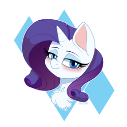 Size: 900x900 | Tagged: safe, artist:alexsc112, imported from derpibooru, rarity, pony, unicorn, blushing, bust, chest fluff, cute, cutie mark background, portrait, raribetes, simple background, solo, white background