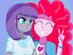 Size: 1024x768 | Tagged: dead source, safe, artist:superiorinfamea, imported from derpibooru, maud pie, pinkie pie, equestria girls, 2016, blue background, bust, clothes, duo, eyes closed, female, grin, peace sign, siblings, simple background, sisters, smiling