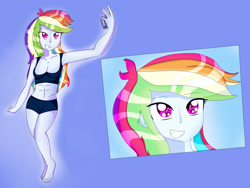 Size: 1600x1200 | Tagged: dead source, safe, artist:superiorinfamea, imported from derpibooru, rainbow dash, equestria girls, abs, armpits, barefoot, bust, cellphone, clothes, duo, eyelashes, feet, female, grin, phone, selfie, shorts, smartphone, smiling, sports bra