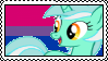 Size: 99x56 | Tagged: safe, artist:somecoconut, imported from derpibooru, lyra heartstrings, pony, unicorn, bisexual pride flag, bust, deviantart stamp, female, looking back, mare, open mouth, pride, pride flag, smiling, solo